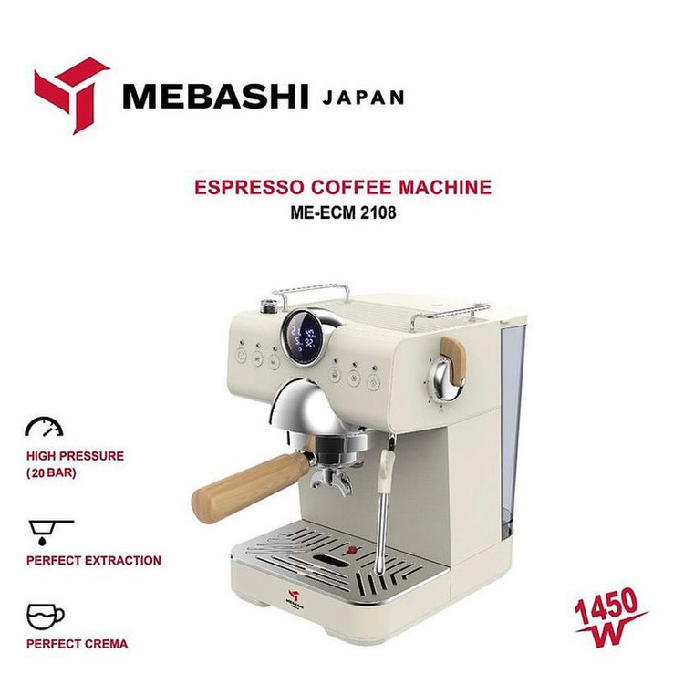 اسپرسو ساز خانگی 1.5 لیتری مباشی مدل ME-ECM2108، نیمه اتوماتیک با مصرف پودر قهوه، مناسب تهیه اسپرسو، کافه لاته، موکا، کاپوچینو، ماکیاتو، لانگو، امریکانو، دارای یک عدد نازل قهوه، تمپر قهوه، خروجی آب داغ، سیستم کاپوچینو ساز، سیستم گرم کردن فنجان